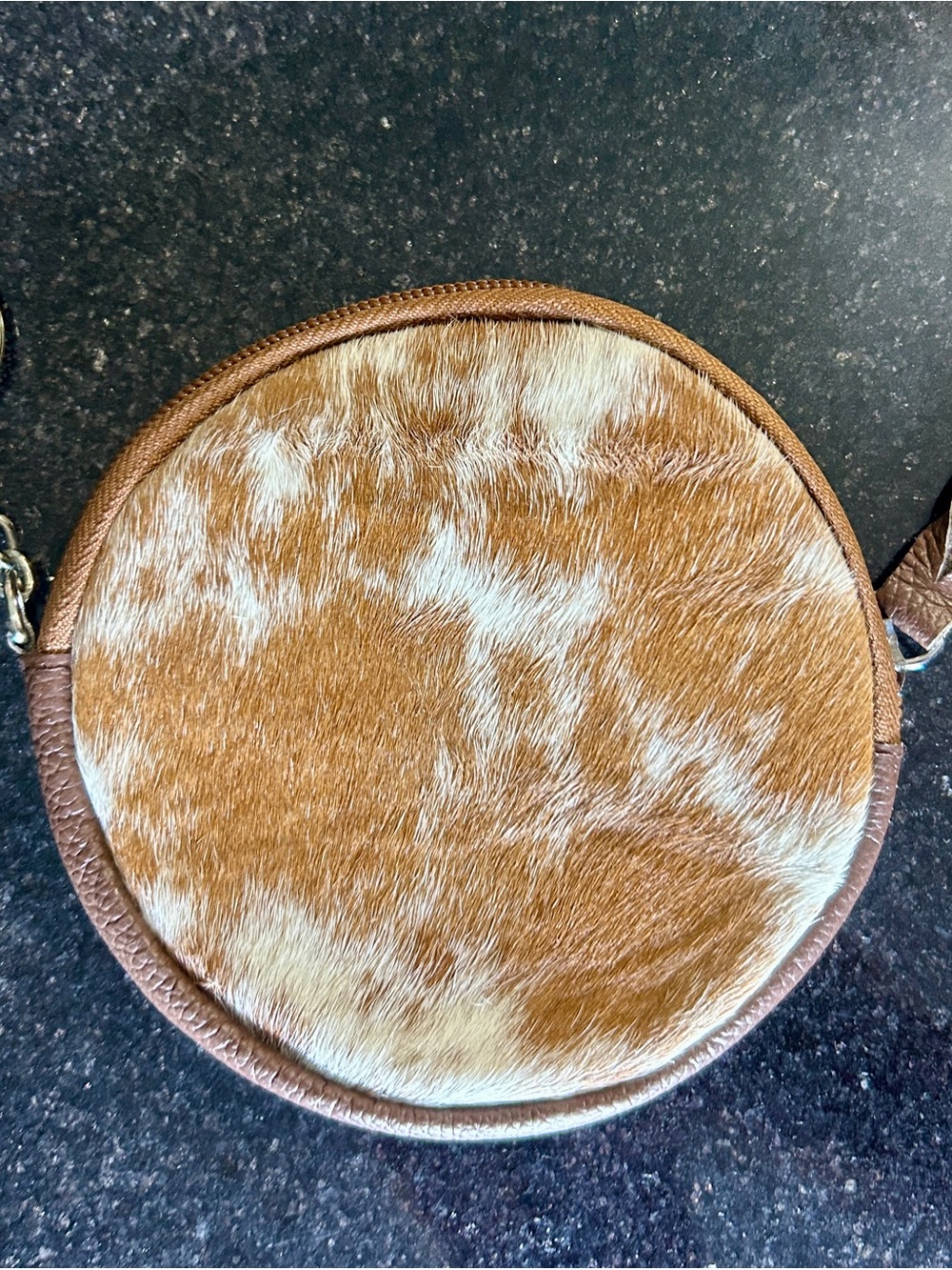 Round Cowhide coin Bag in Brown and White